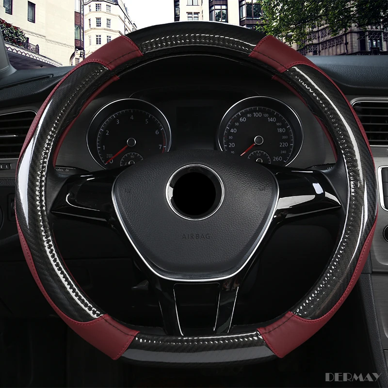 DERMAY D форма рулевого колеса черный авто чехол рулевого колеса автомобиля кожа 38 см крышка колеса аксессуары для интерьера - Название цвета: Wine Red