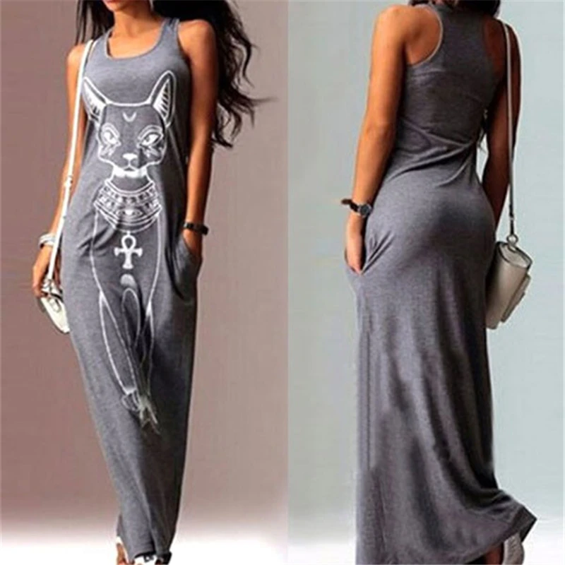 2016 Summer New Casual Fashion font b Sexy b font Slim Bodycon Floor Length Cat Print