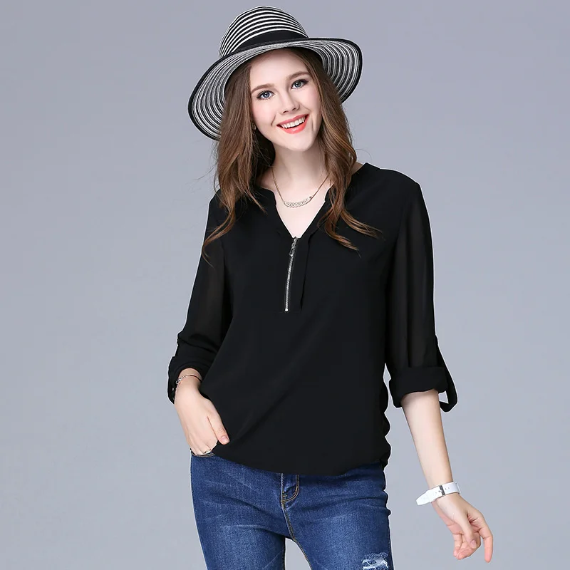 2017 plus size V neck women spring autumn chiffon blouse three quarters