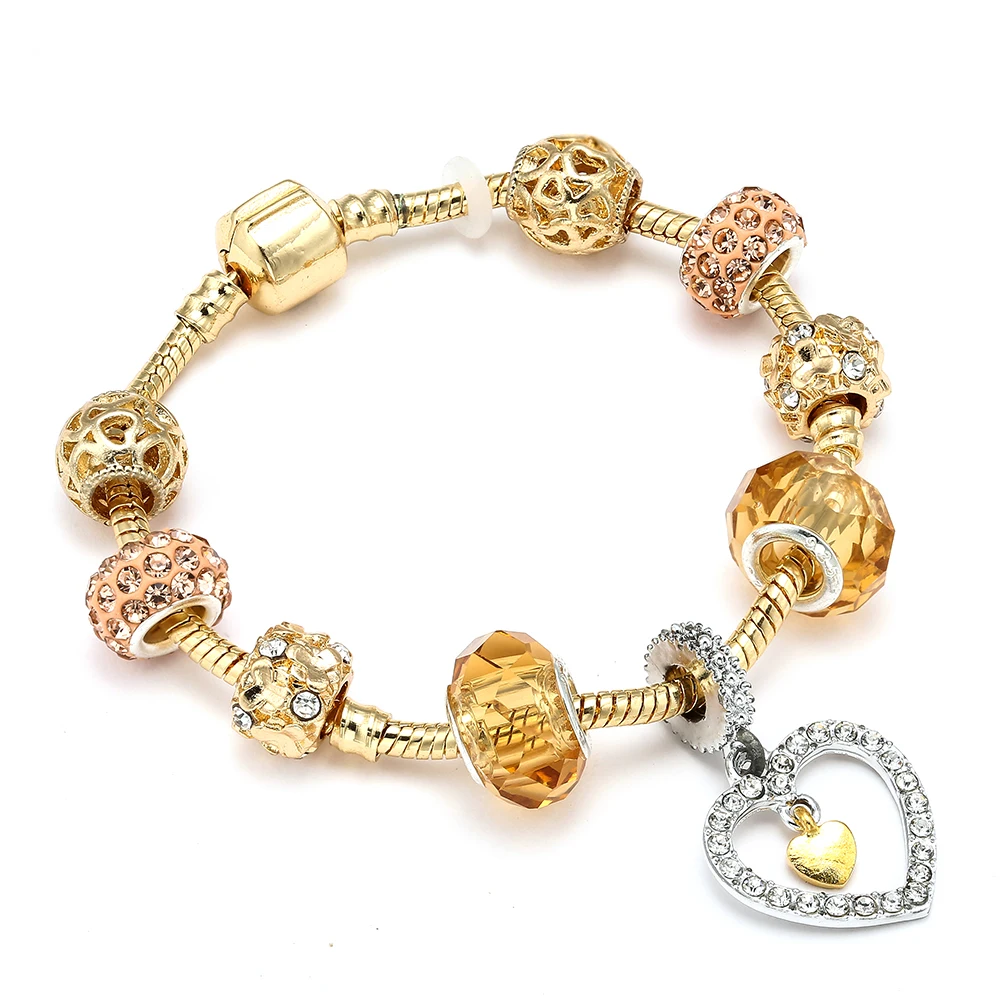

Gold Color Heart Love Dangle Charm Bracelet for Women Gold Crystal Ball fit Snake Chain Pandora Bracelet For Women DIY Jewelry