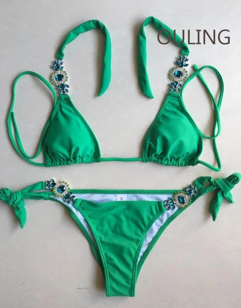 OULING High Quality Diamond Rhinestone Bikini Swimsuit Sexy Women Bandage Biquini Micro Lace Bikini Halter Swimwear Beach Wear