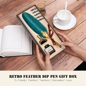 

Retro Classical Fountain Pen Old European Style Feather with 5 Dip pen nips Writing Pen Ink Bottle Set Gift Box calligraphy pen