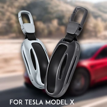 

For Tesla Model X Aluminum Alloy + Leather Key Ring Automobile Car Remote Key Case Cover Shell Protector Bag Car Accessories