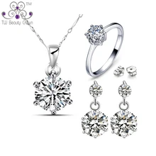 Настоящее серебро 925 проба модный дизайн классический 1 карат белый цирконий круглый ожерелье серьги кольцо Модные Свадебные украшения наборы
