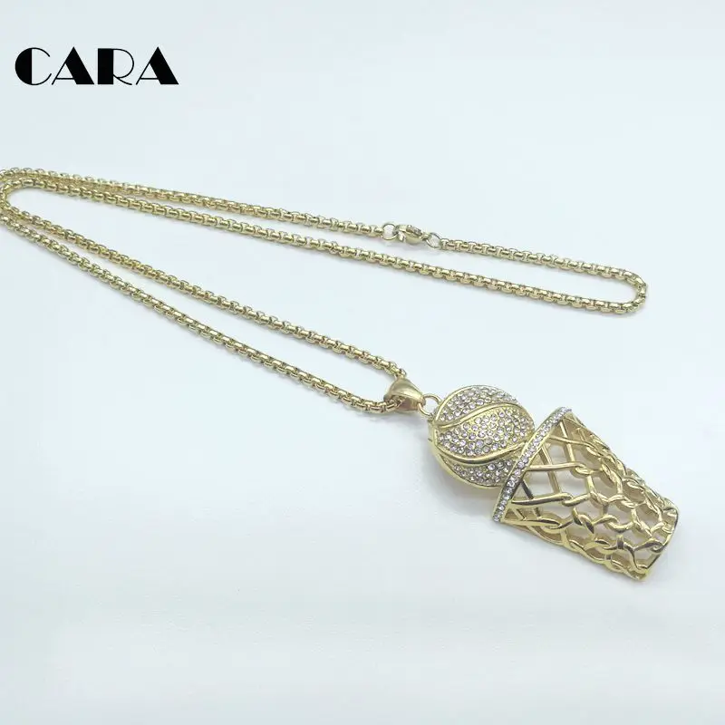 Bling Полный CZ камни кулон баскетбол ожерелье розовое золото из нержавеющей стали баскетбольная сетка ожерелье для мужчин CARA0294