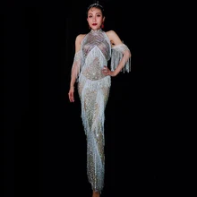 Женские Роскошные Кристаллы с бахромой длинное платье вечерние сексуальные кисточки стрейч платья Выпускной День рождения, празднование камни DJ513