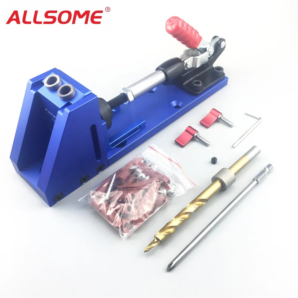 

ALLSOME Pocket Hole Jig Kit Woodworking Guide Carpenter Kit System Inclined Hole Drill Tools Clamp Base Drill Bit Kit System