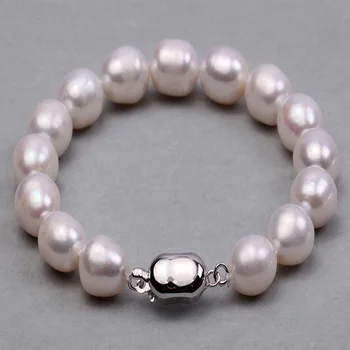 

JYX Men Big Pearl Bracelet 9-10mm Oval White Freshwater Pearl Bracelet Women Gifts