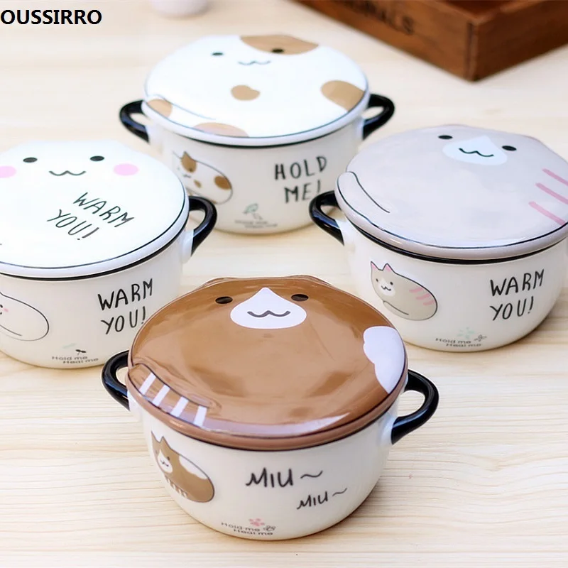 Comprar Cuenco con tapa para Fideos de cerámica con tapa instantánea creativa de gato de dibujos animados de ousiro cuenco de sopa para estudiantes