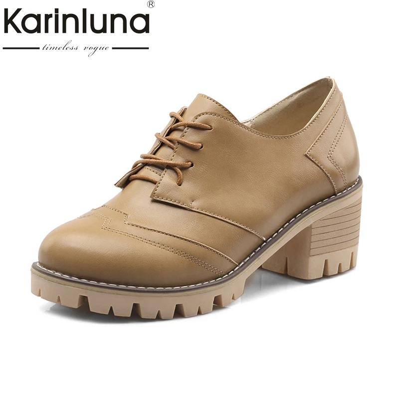 

Karinluna Women's Chunky High Heel School Leisure Shoes Woman Lace Up Round Toe Platform Pumps Big Size 34-43