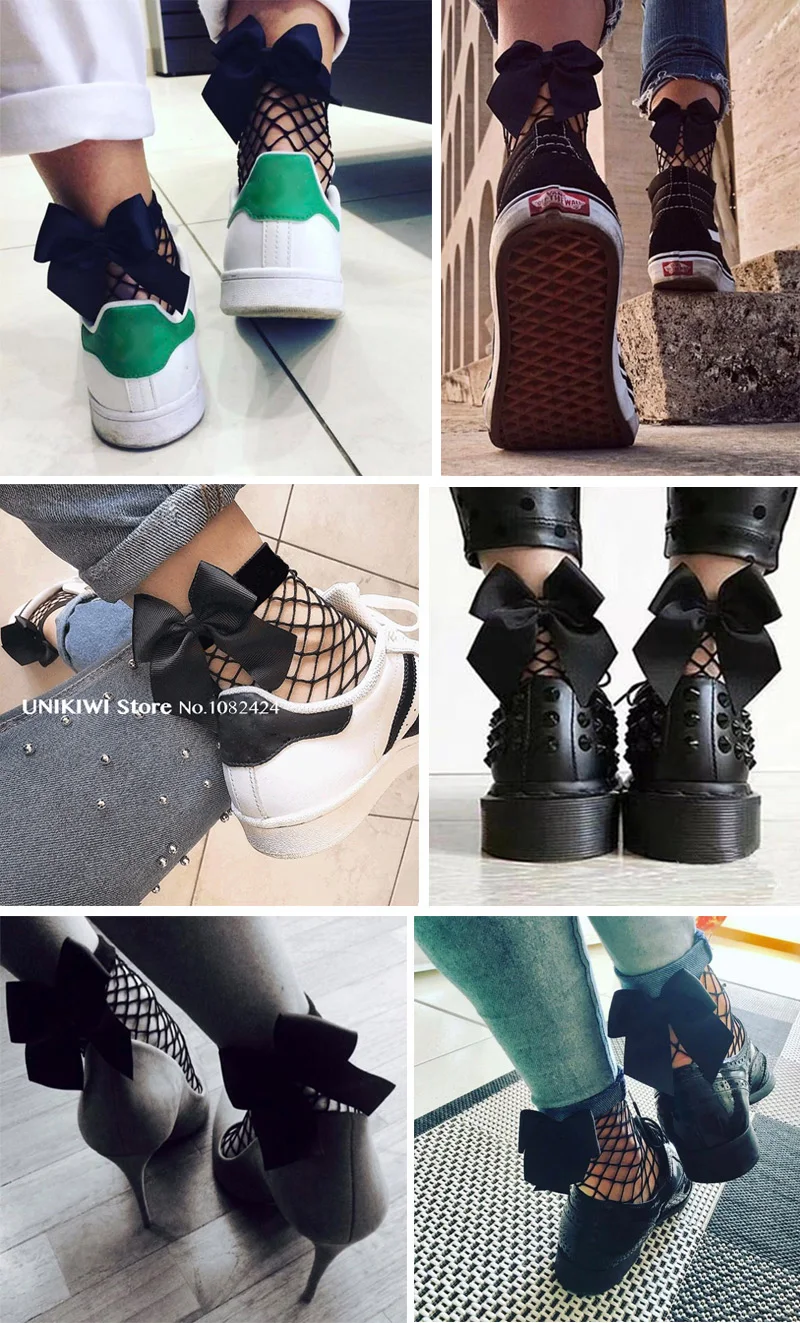 knee socks Chic Streetwear Women's Harajuku Black Breathable Bow knot Fishnet Socks.Sexy Hollow out Mesh Nets Socks Ladies Girl's Bow Sox walking socks womens