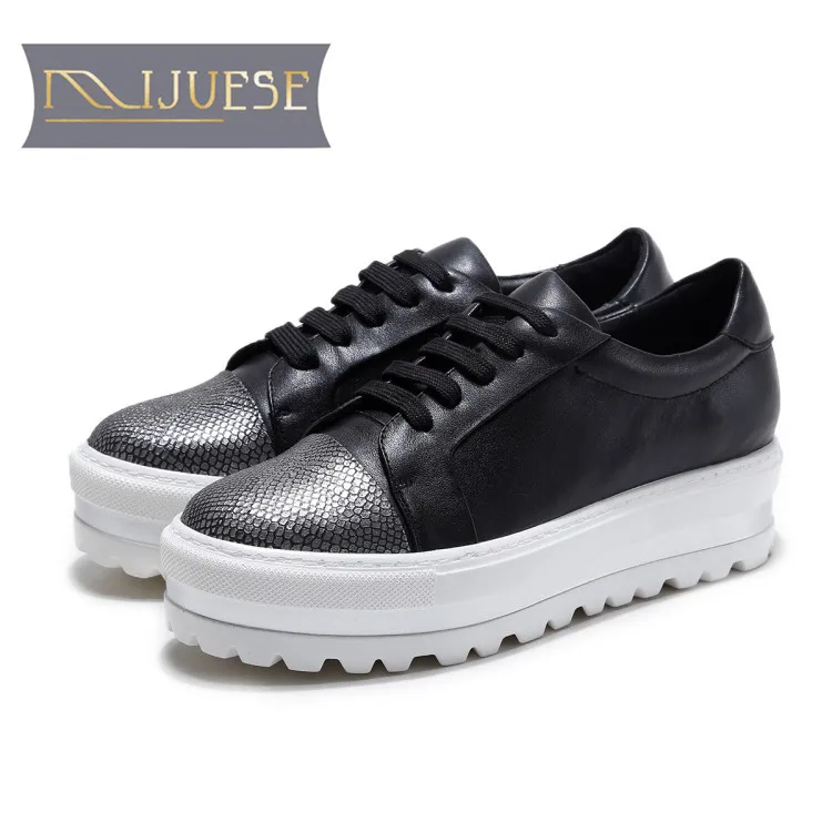 

MLJUESE 2018 women flats cow leather lace up black color platform loafers casual shoes creeper shoes women shoes size 34-43
