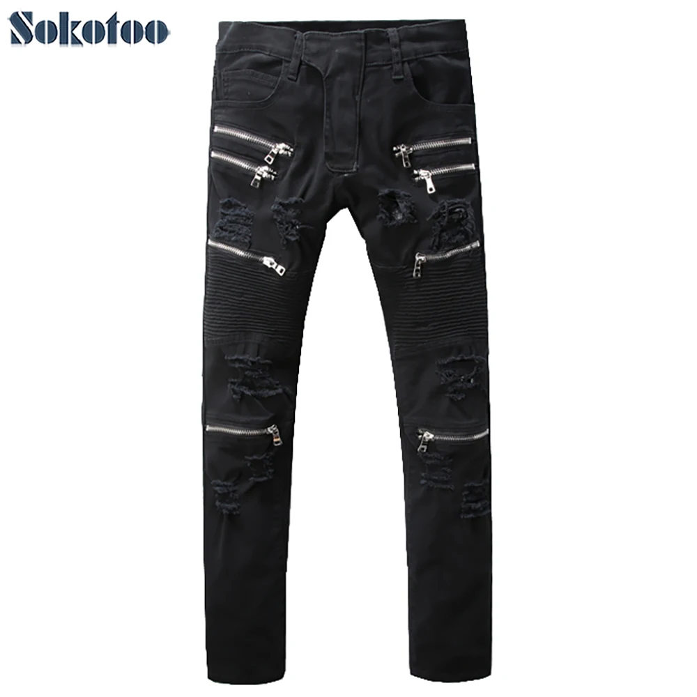 Sokotoo Men's black zipper holes ripped biker jeans Casual slim pleated