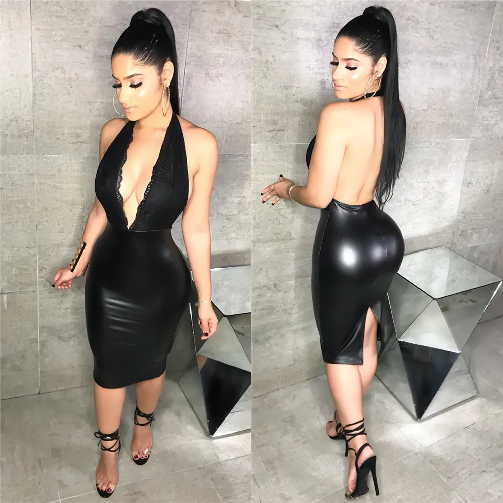 

AHVIT Deep V Neck Sexy Women Dress Sleeveless Backless Halter Sheath Party Dress Lace Decorate Elegant Women Dress LS6046
