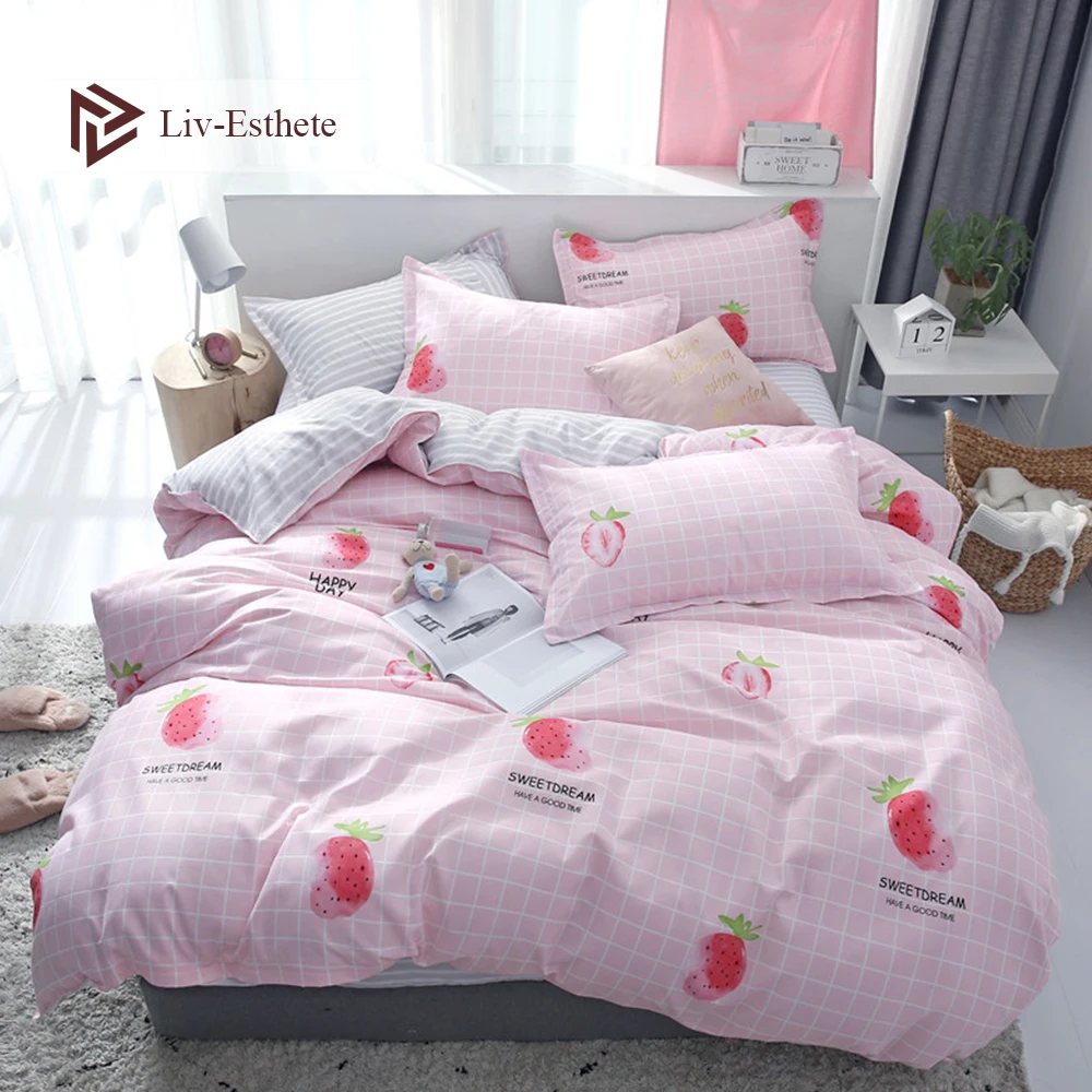 

Liv-Esthete Cartoon Strawberry Bedding Set Soft Duvet Cover Flat Sheet Bedspread Double Queen King Bed Linen For Adult Kids Gift