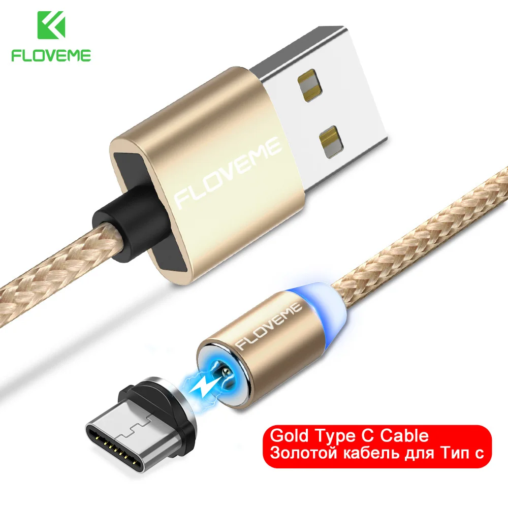 FLOVEME 1 м Магнитный USB кабель, СВЕТОДИОДНЫЙ Магнитный зарядный кабель Micro USB для iPhone X 7 6 5 для samsung Galaxy S8 S9 type C - Цвет: Gold Type c