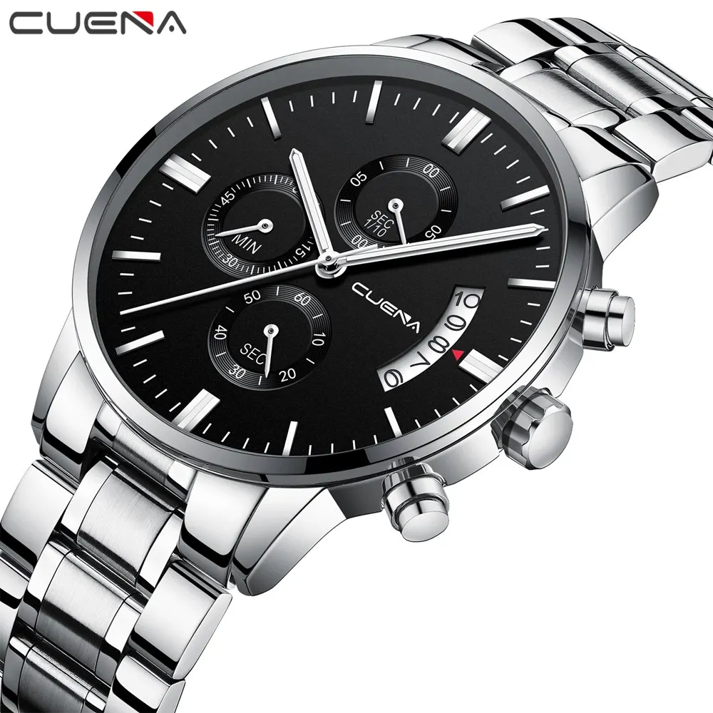 

2018 Fashion Sport Men Quartz Watch CUENA 3 Sub-dials 6 Hands Casual Calendar Clock Black Full Steel Wristwatch Top Brand Luxury