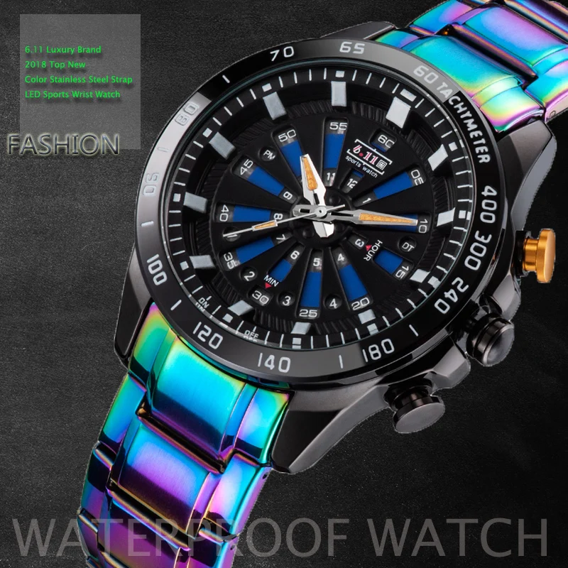 

6.11 Luxury Brand Mens Top New Design Color Button Color Steel LED Sport Watch Men 100FT Waterproof Wrist Watch Diver Watches