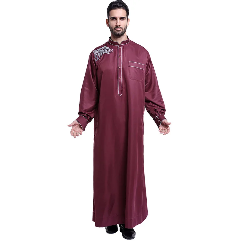 Мусульманский мужской халат с вышивкой и длинным рукавом, повседневное Макси платье со стоячим воротником и карманами, Арабский Кафтан абайя - Цвет: Burgundy