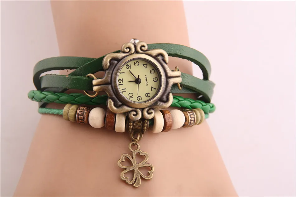 Марочный часы женские Четырехлистный клевер подвеска часы Искусственная кожа Браслет женские часы Деревянная бусина часы женские наручные