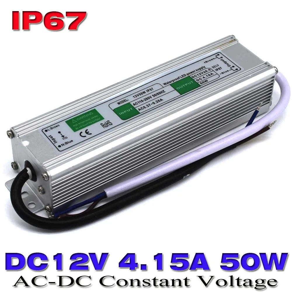 Наружный источник питания DC 12V 4.15A 50W водонепроницаемый IP67 Светодиодный