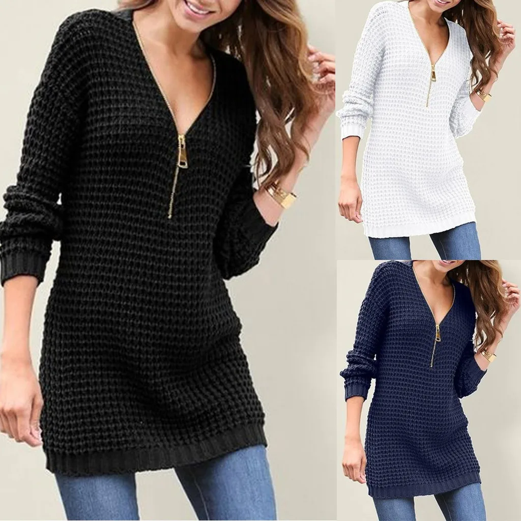 Sweater women 2019 Fashion Warm Solid Sweater Long Sleeve Slim fit V-Neck With Zipper knitting Sweater Tops Streetwear #19617 Sweater women 2019 Fashion Warm Solid Sweater Long Sleeve Slim fit V-Neck With Zipper knitting Sweater Tops Streetwear #19617