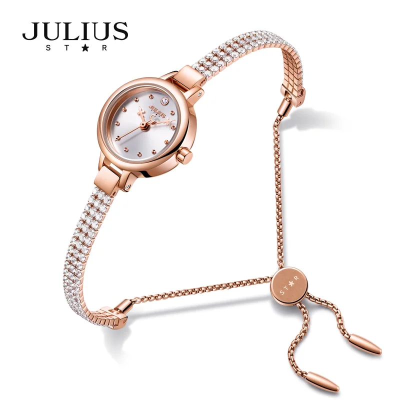 Julius часы женские Топ качество латунь превосходный браслет часы Полный красочный алмаз платье часы 30 м Wtaerproof подарок часы JS-007 - Цвет: Rose Gold
