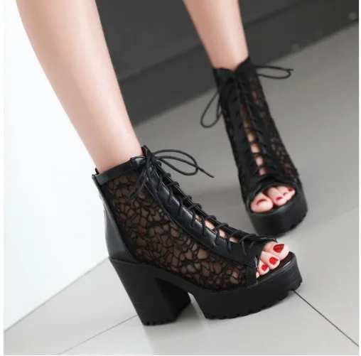 

Fashion Sexy High Heel Sandals Elegant Lace Pierced Women Sandals pink Black beige Platform Sandal Summer Women Shoes Size 35-41