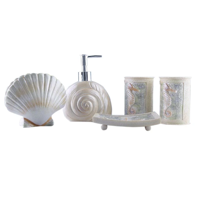 5pcs Bath Set Resin Bathroom Accessories Sea Shell Style 5pcs Bath Set Resin Bathroom Accessories Sea Shell Style Vanity Collection Toothbrush