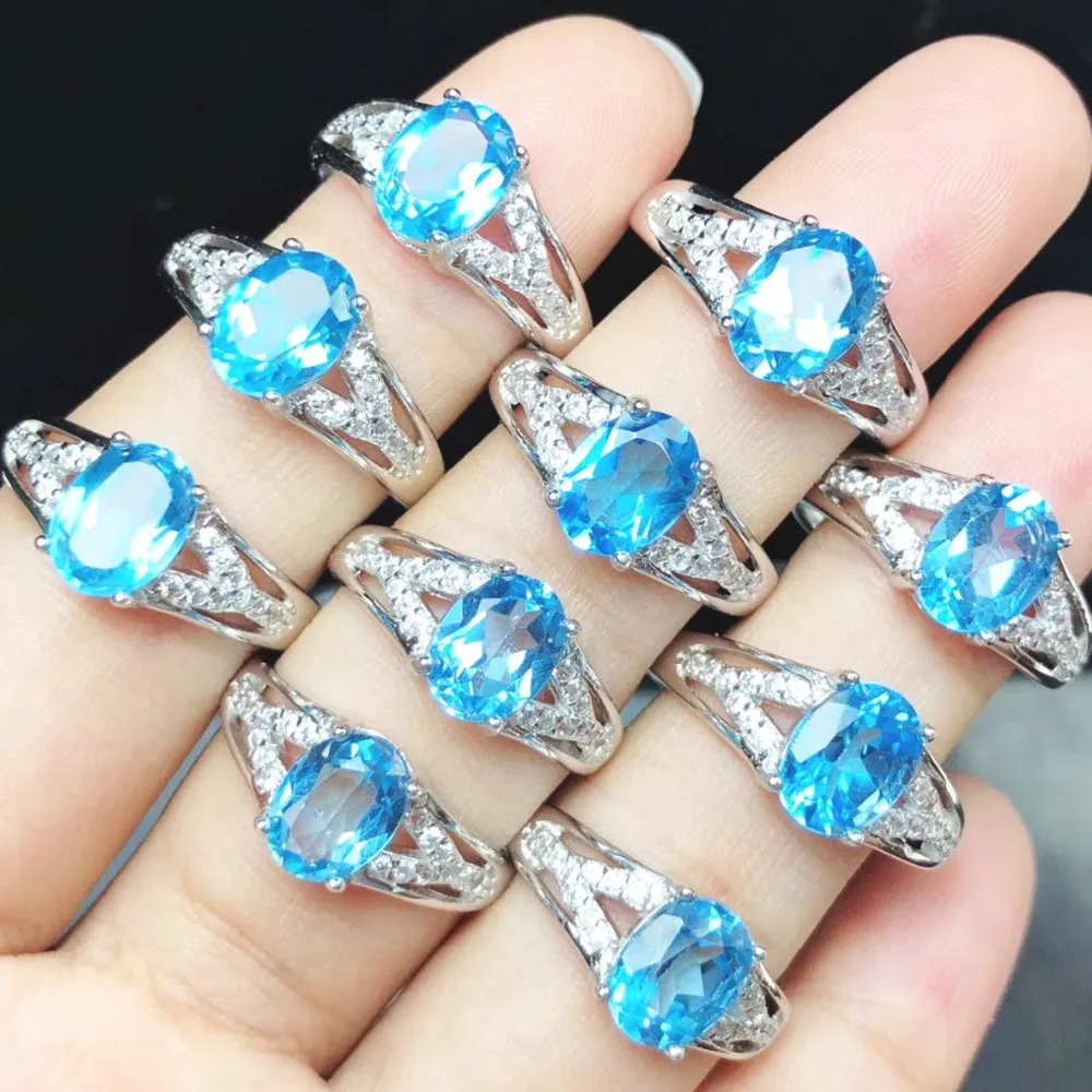 Wedding Ring with Real Natural Blue Topaz Oval 6x8mm 925 Sterling