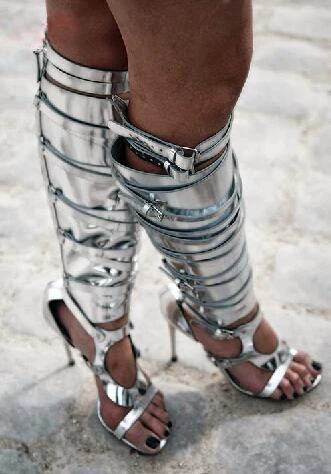 Fashion-Silver-Color-Buckles-Cross-Women-Cool-Knight-Sandal-Boots-Over-The-Knee-High-Heels-Peep