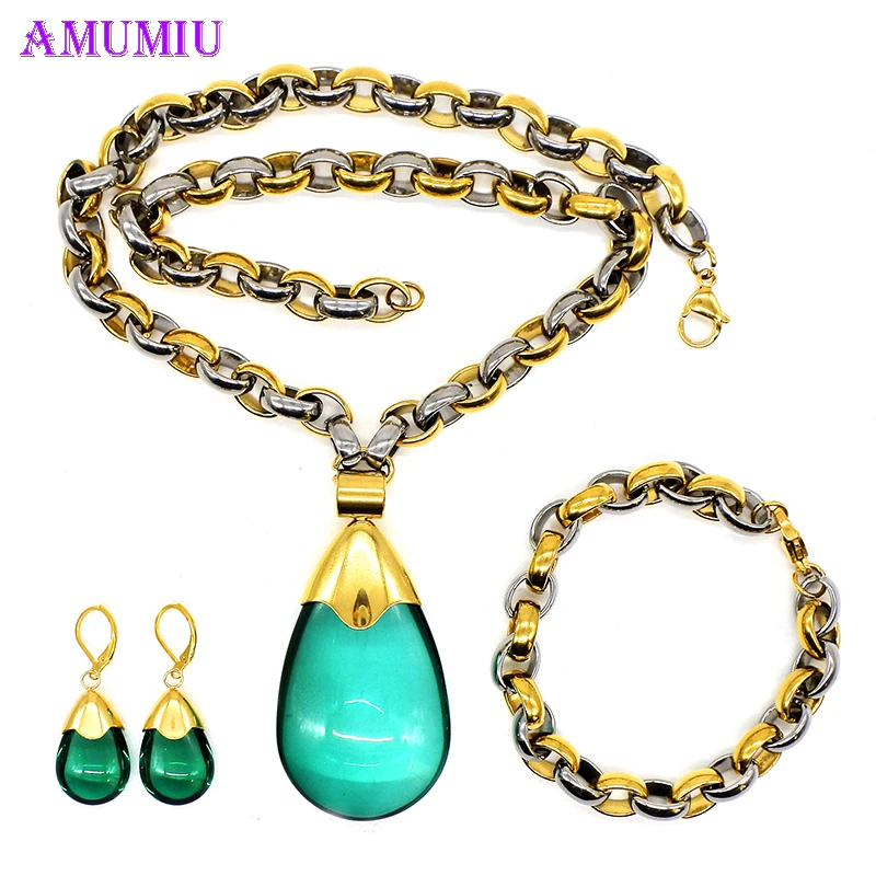 AMUMIU нержавеющая сталь зеленый цвет модные Ювелирные наборы для женщин капли воды цепочки и ожерелья кулон серьги себе JS056B