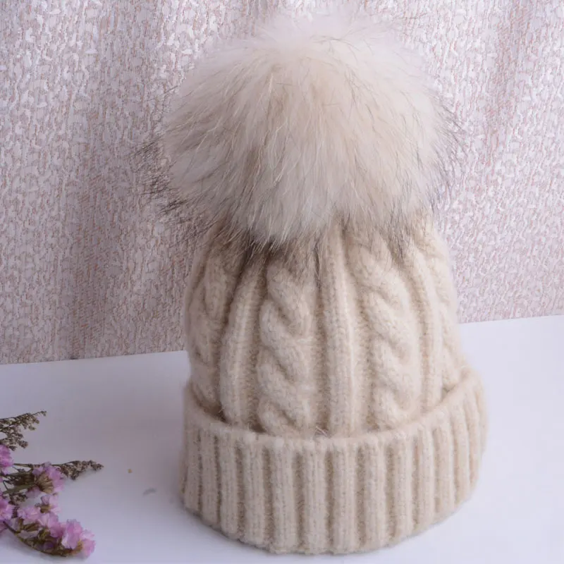 winter hat female winter cap hat with pompon knitted caps women beanie female hats for women pom pom hat - Цвет: beige