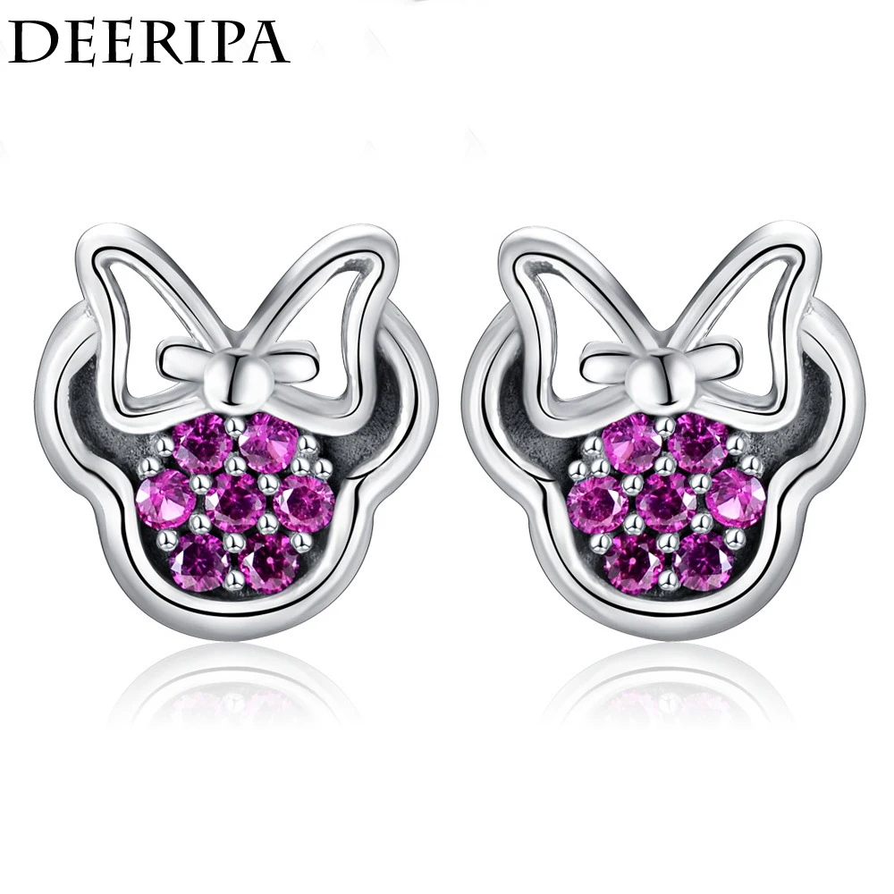 

Fashion Jewelry Silver Color Brand Earring Red Mickey Shape Sparkling Minnie Stud Earrings for Women Wedding Party Gift