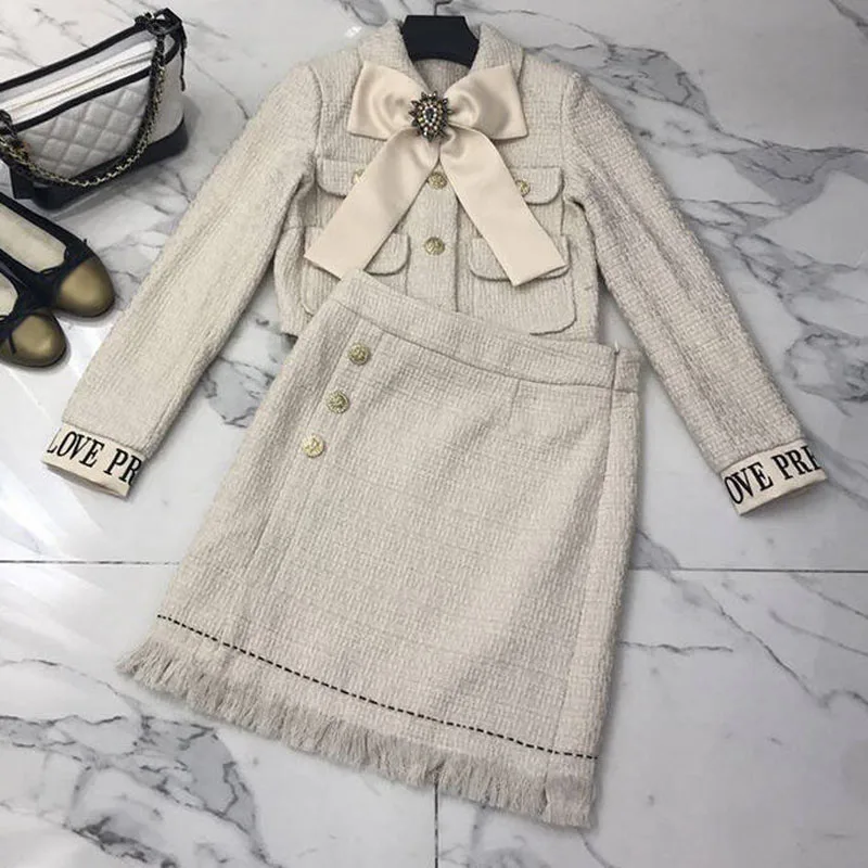 

Long Sleeve 2 Piece Runway Skirt Tweed Sets Women Big Bow Wool Short Coat Lady Office Wear+Bodycon Mini Tassel Skirt A134