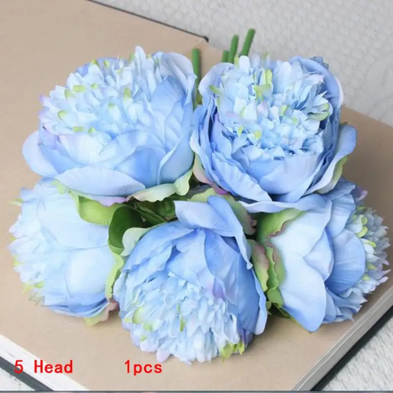 5 голов Свадебный букет офисного стола Декор пион моделирование шелковых цветов цветок - Цвет: light blue
