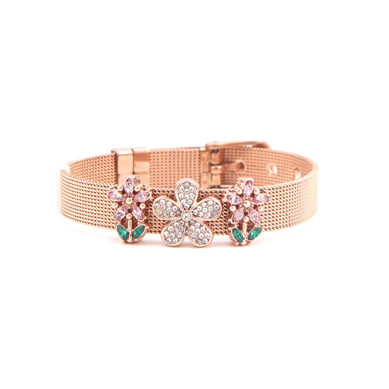 Dropshipping Somsoar Jewelry Rose Gold Flower Mom Mesh Slide Charm Bracelet Stainless Steel Bracelet for Mother's Day Gift