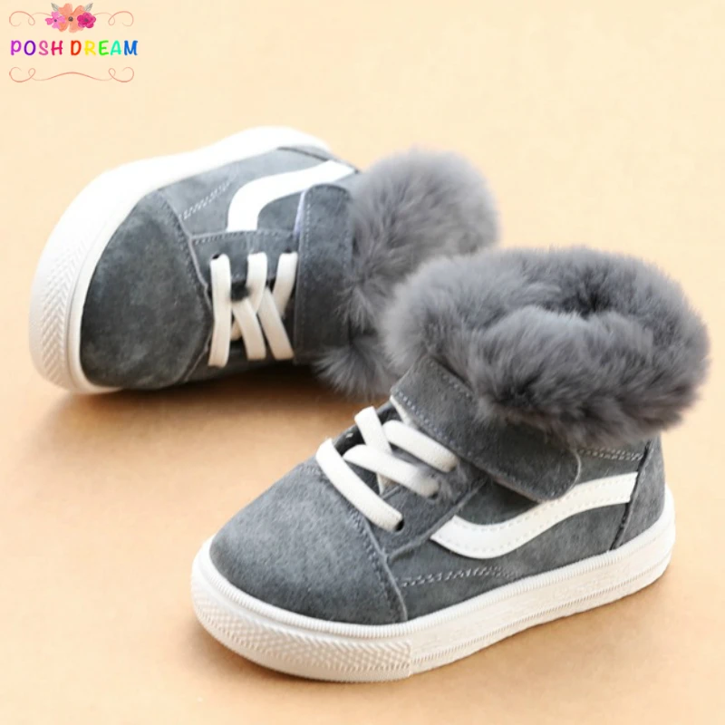 

POSH DREAM Real Leather Grey Pink Black Kids Girls Sports Boots Children Winter Rabbit Hair Warm Leisure Shoes Baby Snow Boots