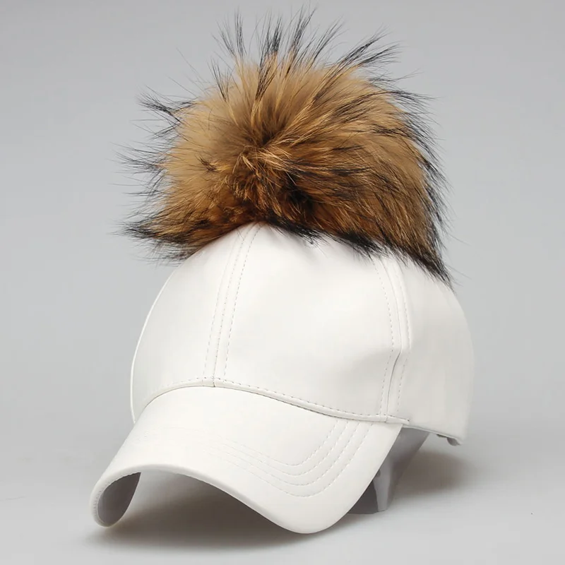 Модные шапки с помпонами из натурального меха енота, бейсбольная кепка в стиле хип-хоп ярких цветов из искусственной кожи, женская меховая бейсболка, кепка s - Цвет: White