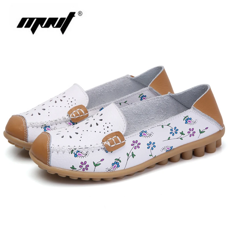 

Big size 2017 Spring Handmade Genuine Leather Casual Shoes women Fashion Printing Loafers Slip On Shallow Mouth lady Dress Flats