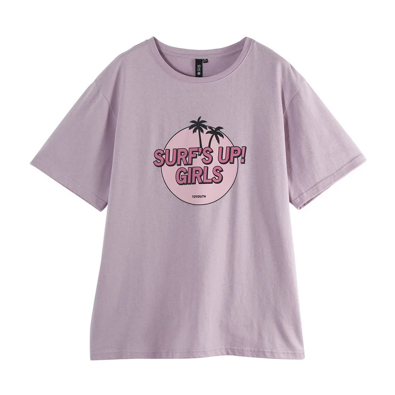 Toyouth, женская летняя повседневная футболка, свободная футболка с круглым вырезом и буквенным принтом, женские хлопковые топы с коротким рукавом - Цвет: purple
