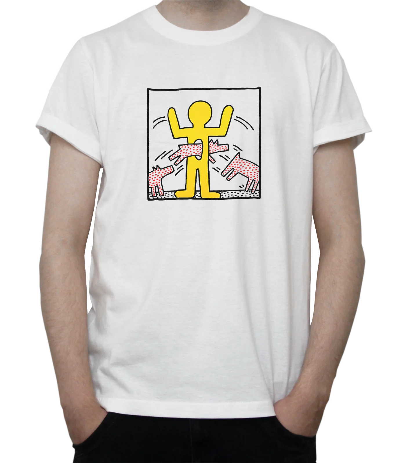 

KEITH HARING Untitled Artwork T-SHIRT Street ART Yellow FIGURE Dogs GREY White Cartoon t shirt men Unisex New Fashion tshirt