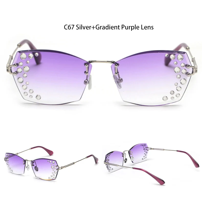Прямоугольные солнцезащитные очки без оправы, модный бренд, женские Стразы, градиентные солнцезащитные очки, серые, розовые, роскошные фиолетовые очки