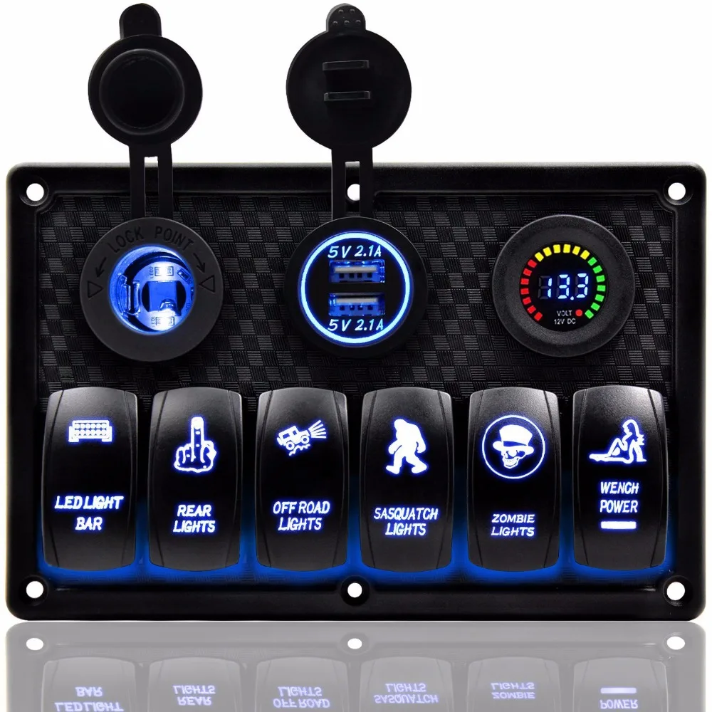 

8 Gang Rocker Switch Panel Dual USB Slot Socket Digital Voltage Display Cigarette Lighter for Car RV Vehicles Truck Marine Boat