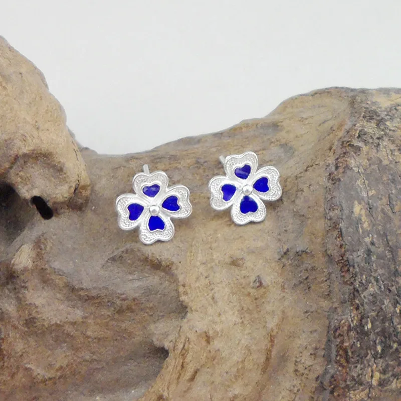 

999 Sterling Silver Stud Earrings For Women Four Leaf Clover Lucky Blue Earring Small Studs Romantic Jewelry