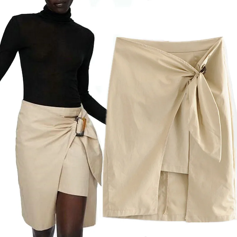 High Waist Belt Pencil Skirt Women Asymmetrical Khaki Skirt Lady Office