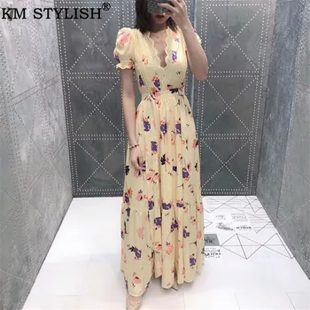 

2019SP New Summer Sexy Women's Deep V-neck Lace Long One-piece Dress Printed Bow Puff Sleeve Fresh Goose Yellow MAxi Full Dress