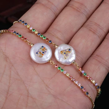 

Colorful Rainbow CZ Initial 26 Alphabet Letter Name Natural Freshwater Coin Pearl Rainbow Gold Bracelets Jewelry For Women Girl