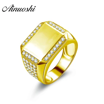 

AINUOSHI Real Gold Rectangle Flat Ring 18K Solid Yellow Gold Band Engagement Wedding Men's Jewelry Wide Wedding Band Men Ring