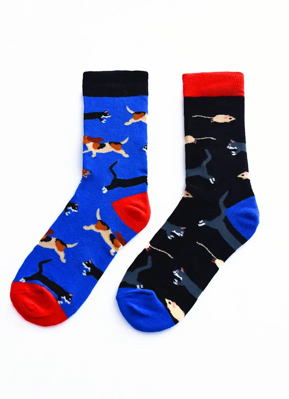 Newly Men Socks Cotton Casual Personality Design Animal fruit Happy left and right Different Socks Gifts for Men Brand Qual